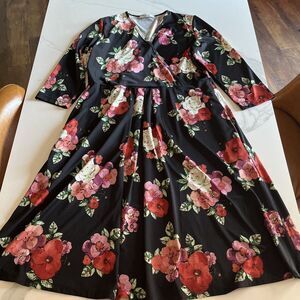 Expected By Lilac Clothing Maternity Dress XL Faux Wrap 3/4 Sleeve Floral Black